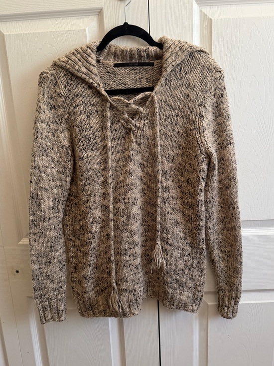 Kensie Sweaters - Kensie Marled Beige and Brown Hooded Knit Sweater